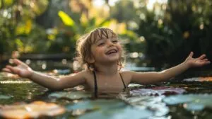 Happy child playing in a natural water area surrounded by greenery