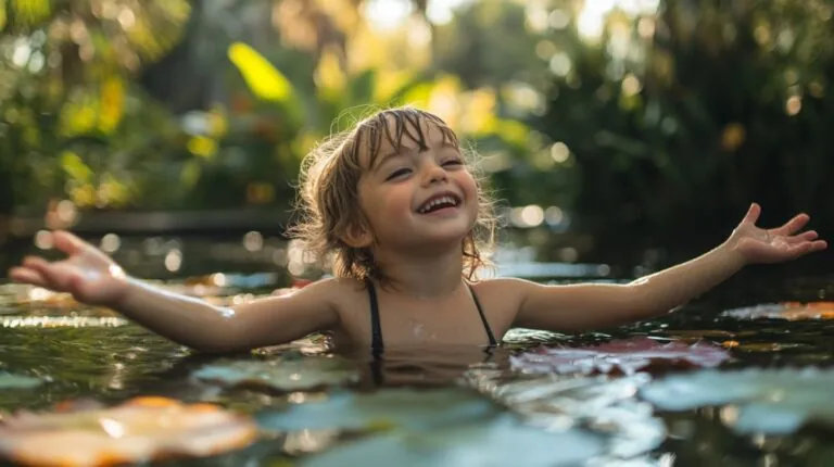 Happy child playing in a natural water area surrounded by greenery