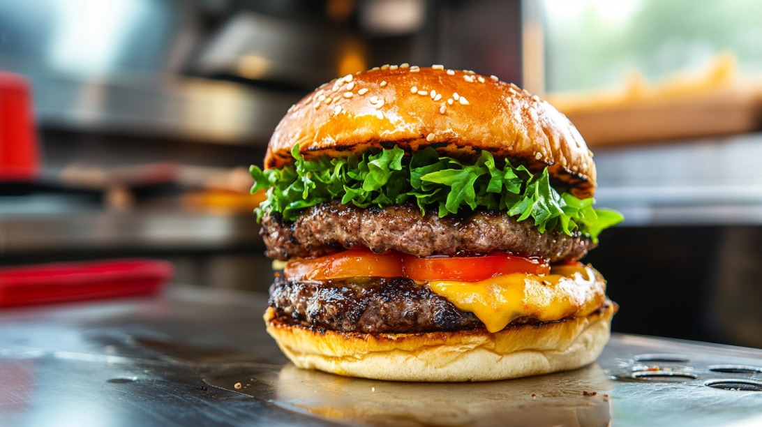 Close-up of a juicy double cheeseburger with lettuce and tomato on a sesame bun, served at a food truck