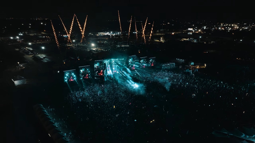 Nighttime drone view of the Forbidden Kingdom Music Festival
