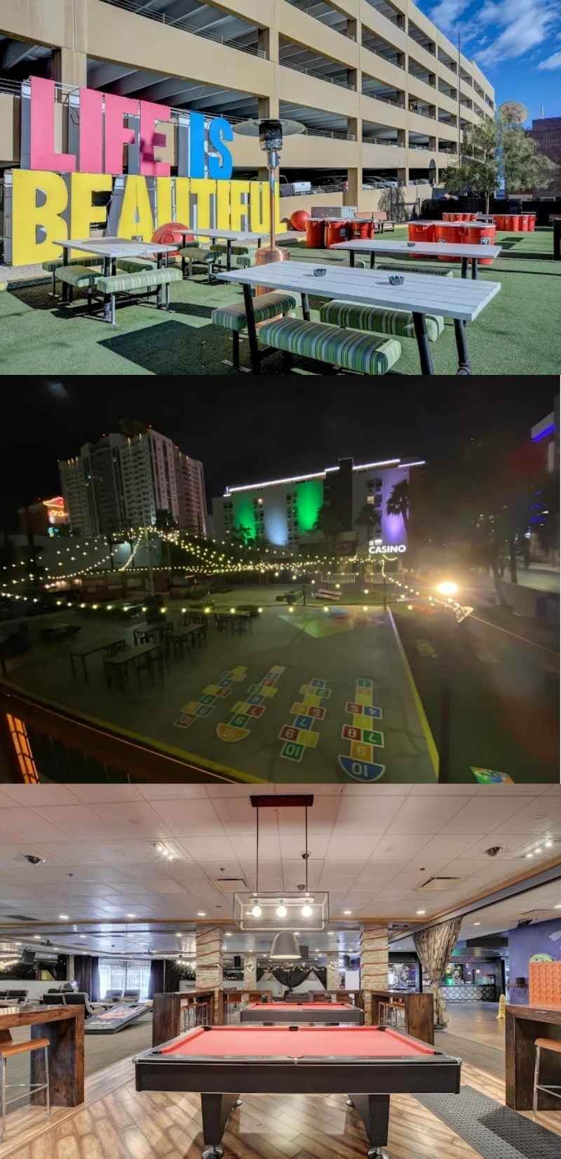 Outdoor and indoor area at Gold Spike, one of the top bars with game rooms in Las Vegas