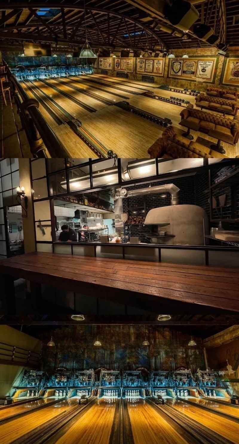 Vintage bowling lanes at Highland Park Bowl, a classic example of bars with game rooms for families