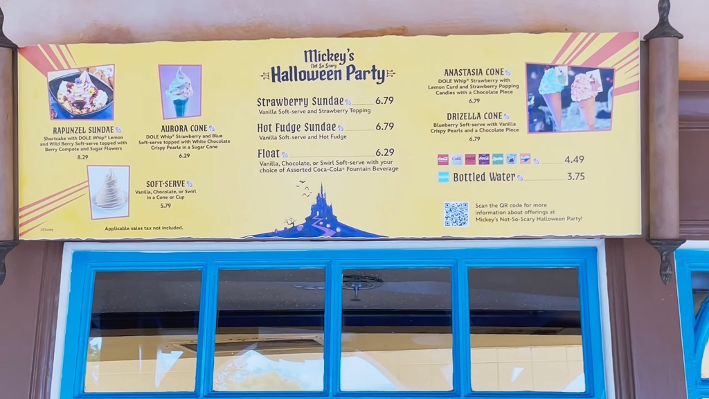 Dessert menu sign for Mickey’s Not-So-Scary Halloween Party, featuring themed treats during festive events in Orlando