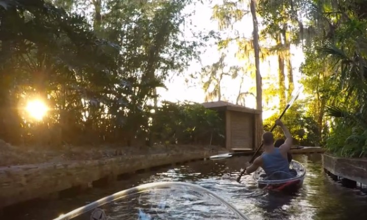 Kayaker paddling down a sun-dappled, narrow waterway surrounded by lush green foliage